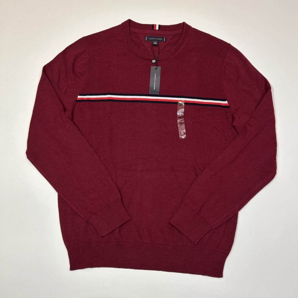 Tommy Hilfiger Men’s Large Red Sweater Flag Stripe Logo Pullover Cotton NWT
